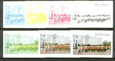 Oman 1977 Silver Jubilee (London Scenes) 10B value (Marching band outside Buckingham Palace) set of 7 imperf progressive colour proofs comprising the 4 individual colours plus 2, 3 and all 4-colour composites unmounted mint