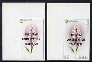 St Kilda 1970 Flowers 2s6d (Heath Spotted Orchid) with 'European Conservation Year' opt imperf single with grey omitted (St Kilda, imprint & value) plus imperf normal unmounted mint