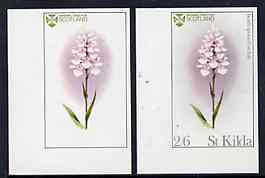 St Kilda 1969 Flowers 2s6d (Heath Spotted Orchid) imperf single with grey omitted (St Kilda, imprint & value) plus imperf normal unmounted mint