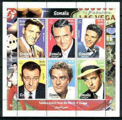 Somalia 1998 Film Stars #3 (Actors) sheetlet containing complete set of 6 values (Sinatra, B Lancaster, C Grant, J Wayne, R Burton & R Calhoun with Elvis in border) unmounted mint