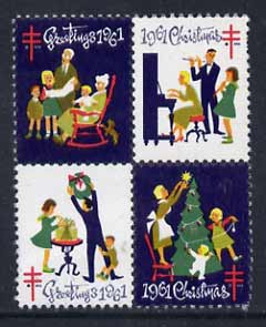 Cinderella - United States 1961 Christmas TB Seal se-tenant block of 4 unmounted mint