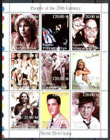 Turkmenistan 1999 People of the 20th Century (Elvis, Nancy & Frank Sinatra, Marilyn, Malcolm X, Hendrix etc) perf sheetlet containing set of 9 values unmounted mint