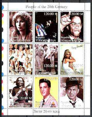 Turkmenistan 1999 People of the 20th Century (Elvis, Nancy & Frank Sinatra, Marilyn, Malcolm X, Hendrix etc) perf sheetlet containing set of 9 values unmounted mint