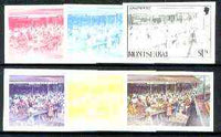 Montserrat 1986 Plymouth Market $1.50 (from Tourism set) set of 6 imperf progressive proofs comprising the 4 individual colours plus 2 & 3-colour composites, as SG 712