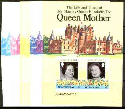 Montserrat 1985 Life & Times of HM Queen Mother (Glamis Castle) m/sheet, the set of 6 imperf progressive proofs comprising 2 individual colours 2 x 2 and all 4-colour composites (completed design) as SG MS 644