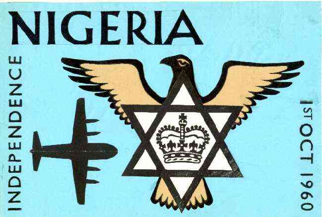 Nigeria 1960 Independence - original hand-painted artwork (undenominated) showing dove, six-pointed star and Airplane, by unknown artist on card 230 x 150mm (explanation of design shown on the back) endorsed 197H