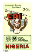 Nigeria 1986 UN's Children's Fund - original hand-painted artwork for 20k value (showing Child & Hyperdermic needle) similar to issued stamp on card 130 x 225mm endorsed B6