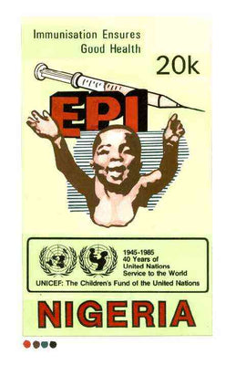 Nigeria 1986 UN's Children's Fund - original hand-painted artwork for 20k value (showing Child & Hyperdermic needle) similar to issued stamp on card 130 x 225mm endorsed B6