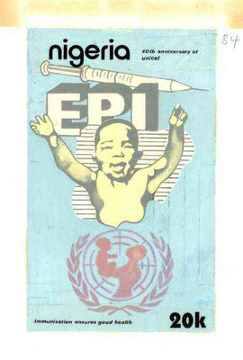 Nigeria 1986 UN's Children's Fund - original hand-painted artwork for 20k value (showing Child & Hyperdermic needle) by Francis Nwaije Isibor on card 120 x 220mm with overlay endorsed B4