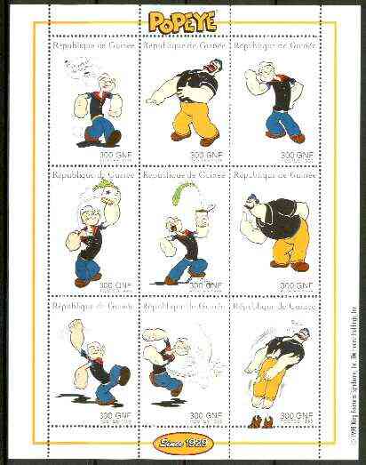 Guinea - Conakry 1998 Popeye perf sheetlet containing complete set of 9 values unmounted mint