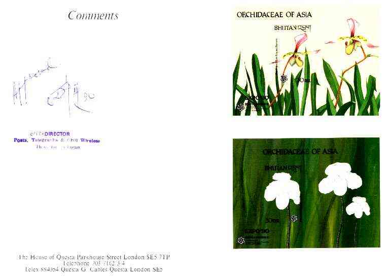 Bhutan 1990 Orchids - Paphiopedilum haynaldianum & Paphiopedilum niveum imperf m/sheets mounted in Folder entitled 'Your Proofs from the House of Questa', signed and approved by Director PTT, exceptionally rare ex Government archives (Sc 886 & 892)