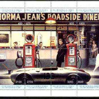 Touva 1995? Norma Jean's Roadside Diner perf composite sheetlet containing 8 values featuring Marilyn Monroe, James Dean, Bogart & Clark Gable (with oil pumps) unmounted mint