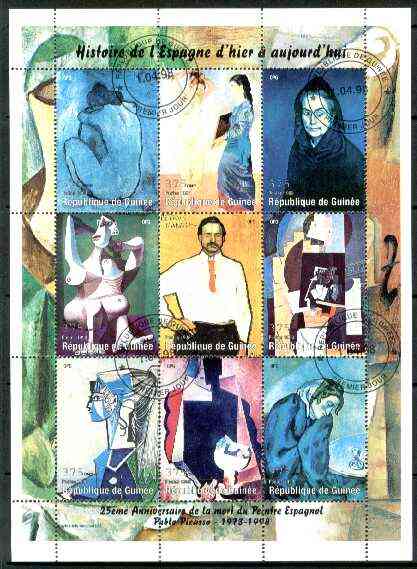 Guinea - Conakry 1998 Paintings by Picasso perf sheetlet #1 containing complete set of 9 values fine cto used