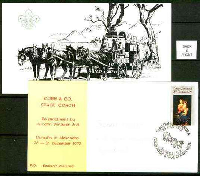 New Zealand 1972 Re-enactment of Dunedin to Alexandra Stagecoach run by Pitcairn Venturer Scouts commemorative card with special 'Stagecoach' cancel