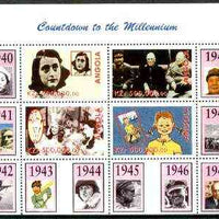 Angola 1999 Countdown to the Millennium #05 (1940-1949) perf sheetlet containing 4 values (Yalta Conf, Betty Grable, Judy Garland, Anne Frank & Pippi Longstocking) unmounted mint