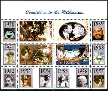 Angola 1999 Countdown to the Millennium #06 (1950-1959) perf sheetlet containing 4 values (Grace Kelly, Marilyn, Peanuts Cartoon & Laika,with Sputnik) unmounted mint