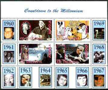 Angola 1999 Countdown to the Millennium #07 (1960-1969) perf sheetlet containing 4 values (Elvis, Marilyn,101 Dalmations, J Dean, 007 James Bond, King & Kennedy) unmounted mint