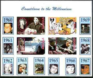 Angola 1999 Countdown to the Millennium #07 (1960-1969) imperf sheetlet containing 4 values (Elvis, Marilyn,101 Dalmations, J Dean, 007 James Bond, King & Kennedy) unmounted mint