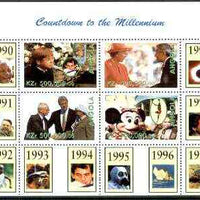 Angola 1999 Countdown to the Millennium #10 (1990-1999) perf sheetlet containing 4 values (Elton John & Diana, Senna, Euro-Disney, Queen & Peace in Middle East) unmounted mint