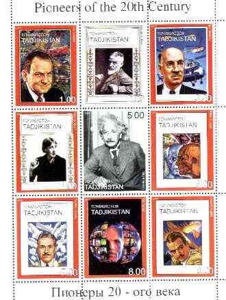 Tadjikistan 1999 Pioneers of the 20th Century perf sheetlet containing set of 9 values,(Einstein, Sikorsky, Picasso, G B Shaw, etc) unmounted mint