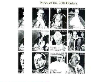 Somaliland 1999 Popes of the 20th Century Culture sheetlet containing set of 9 values, the set of 3 imperf progressive proofs comprising black & yellow individual colours plus completed (2-colour) composite unmounted mint