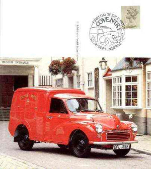 Postcard - Great Britain Morris Minor 1000 Post Office Van (Midlands Postal Board card MPB 19) used with illustrated Coventry cancel