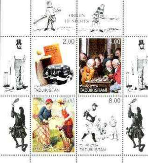 Tadjikistan 1999 Origin Of Sports perf sheetlet containing set of 4 (Chess, Table Tennis, Golf & Baseball with Cricket in margins) unmounted mint