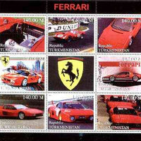 Turkmenistan 1999 Ferrari perf sheetlet containing set of 8 values plus label unmounted mint