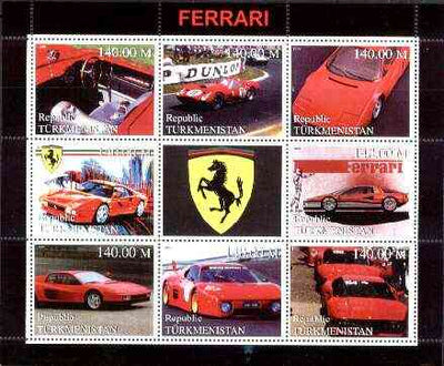 Turkmenistan 1999 Ferrari perf sheetlet containing set of 8 values plus label unmounted mint