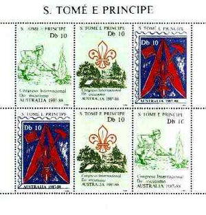 St Thomas & Prince Islands 1988 Australian International Scout Congress perf sheetlet containing two sets of 3, unmounted mint