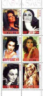 Ingushetia Republic 1999 Female Film Stars perf sheetlet containing complete set of 6 values (Liz Taylor, Sophia Loren, Bardot etc) unmounted mint