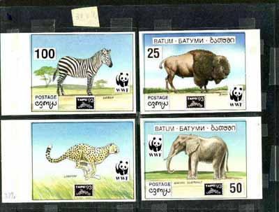 Batum 1994 WWF Wild Animals - original hand painted artwork comprising 4 individual water-colours (Zebra, Bison, Cheetah & Elephant each 100 x 74 mm) with overlays for country, value and logos unmounted mint