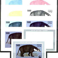 Batum 1994 WWF Wild Animals (Badger) souvenir sheet, the set of 9 imperf progressive colour proofs comprising the 5 individual colours plus 2, 3, 4 and all 5-colour composites unmounted mint