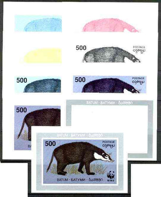 Batum 1994 WWF Wild Animals (Badger) souvenir sheet, the set of 9 imperf progressive colour proofs comprising the 5 individual colours plus 2, 3, 4 and all 5-colour composites unmounted mint