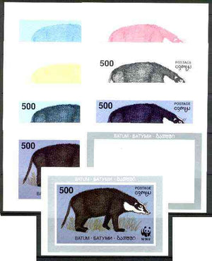 Batum 1994 WWF Wild Animals (Badger) souvenir sheet, the set of 9 imperf progressive colour proofs comprising the 5 individual colours plus 2, 3, 4 and all 5-colour composites unmounted mint