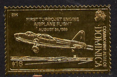 Dominica 1978 History of Aviation (First Turbojet Airplane) $16 embossed on 23k gold foil unmounted mint