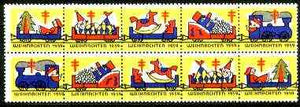 Cinderella - Germany 1959 Christmas TB seal set of 2 se-tenant strips of 5 showing Toy Trains unmounted mint