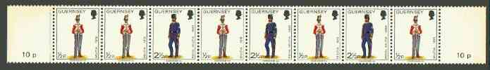 Guernsey 1974-78 Militia Uniforms 10p booklet strip of 8 (1/2p x 5, 2.5p x 3) unmounted mint, SG 98a