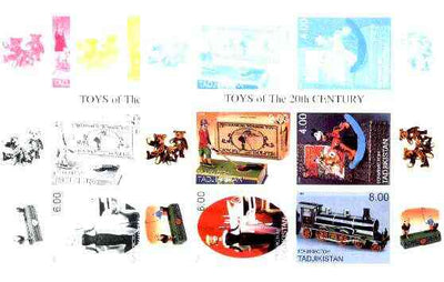 Tadjikistan 2000 Toys of the 20th Century (sheetlet containing 4 vals - Jocko the golfer, Pluto, Train & Barbi Doll) the set of 5 imperf progressive proofs comprising the 4 individual colours, plus all 4-colour composite