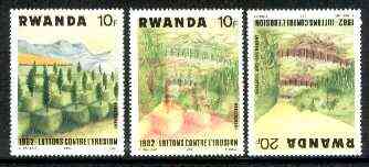 Rwanda 1983 Soil Erosion superb perforated proof comprising 10f black & red colours upright with 20f blue and yellow inverted.,A most unusual and spectacular item with the two appropriate normal stamps, all unmounted mint