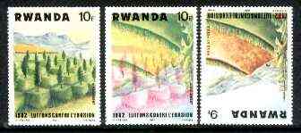 Rwanda 1983 Soil Erosion superb perforated proof comprising 10f black & red colours upright with 9f blue and yellow inverted.,A most unusual and spectacular item with the two appropriate normal stamps, all unmounted mint