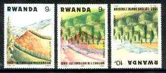 Rwanda 1983 Soil Erosion superb perforated proof comprising 9f black & red colours upright with 10f blue and yellow inverted.,A most unusual and spectacular item with the two appropriate normal stamps, all unmounted mint