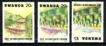 Rwanda 1983 Soil Erosion superb perforated proof comprising 20f black & red colours upright with 10f blue and yellow inverted.,A most unusual and spectacular item with the two appropriate normal stamps, all unmounted mint