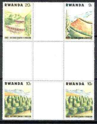 Rwanda 1983 Soil Erosion perforated se-tenant cross - gutter block of 4 comprising 9f, 20f and 2 x 10f (folded through gutter) from uncut archive sheet, rare thus