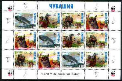 Chuvashia Republic 1998 WWF - Wild Animals perf sheetlet containing complete set of 12 (3 sets of 4) with superb 2mm drop of red (affects all 12 stamps & WWF logo in margin) unmounted mint