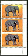 Nagaland 1969 Elephant 20c vert strip of 3, upper stamp with massive disturbance to background (yellow instead of orange) unmounted mint