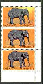 Nagaland 1969 Elephant 20c vert strip of 3, upper stamp with massive disturbance to background (yellow instead of orange) unmounted mint