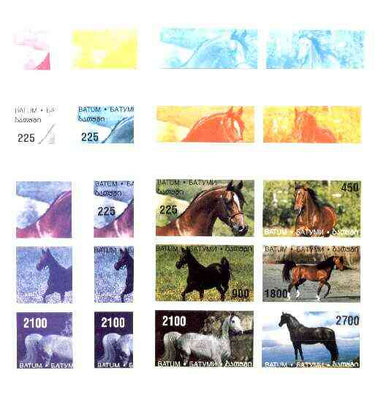 Batum 1996 Horses sheetlet containing 6 values, the set of 9 imperf progressive proofs comprising the 4 individual colours, plus various 2, 3 and all 4-colour composites unmounted mint