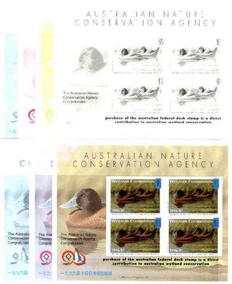 Australia 1996-97 Blue Billed,Duck Wetlands Conservation sheet containing 4 x $15 labels, the set of 7 imperf progressive colour proofs comprising the 4 individual colours plus 2, 3 and all 4-colour composites unmounted mint