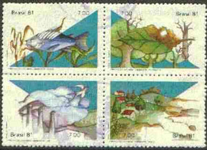 Brazil 1981 Environmental Protection (Birds, fish, Flowers) se-tenant set of 4 commercially used SG 1901-04